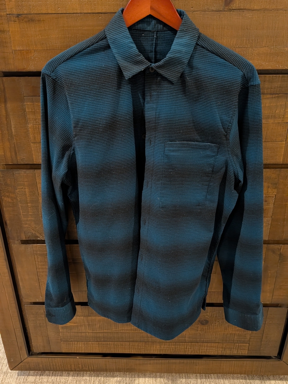 lululemon athletica Teal and Black Horizontal Stripe Button-Up Shirt